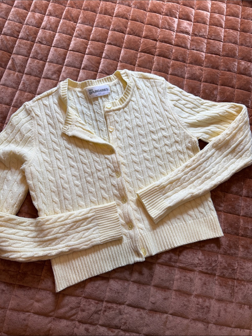 No Boundaries Butter Yellow Cable-Knit Button Cardigan